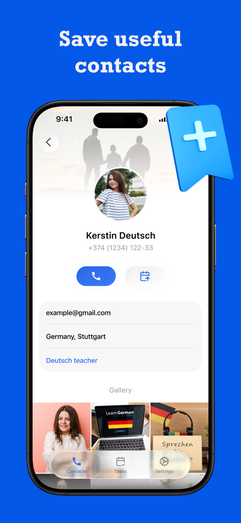 Call ID Plus - Pantalla de la aplicación Call ID Plus que muestra un perfil de contacto guardado con opciones de llamadas y tareas