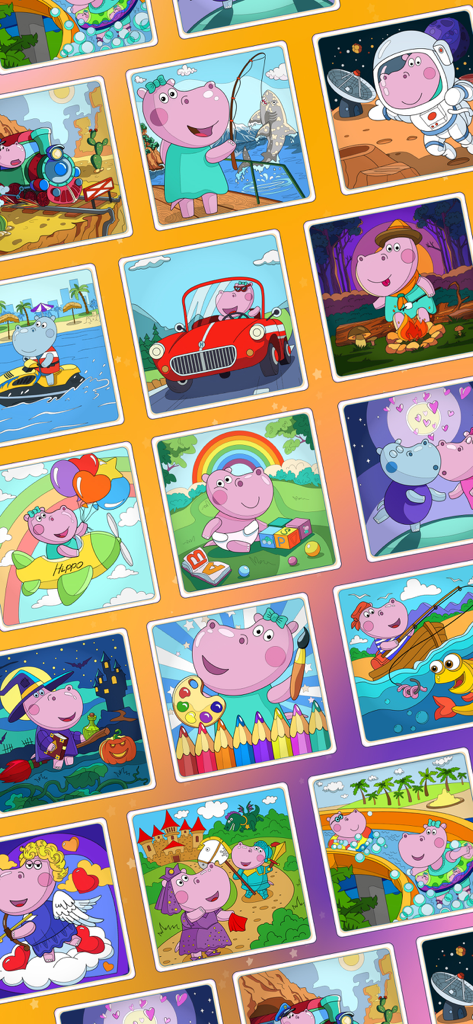 A collection of colorful hippo-themed coloring pages for children.