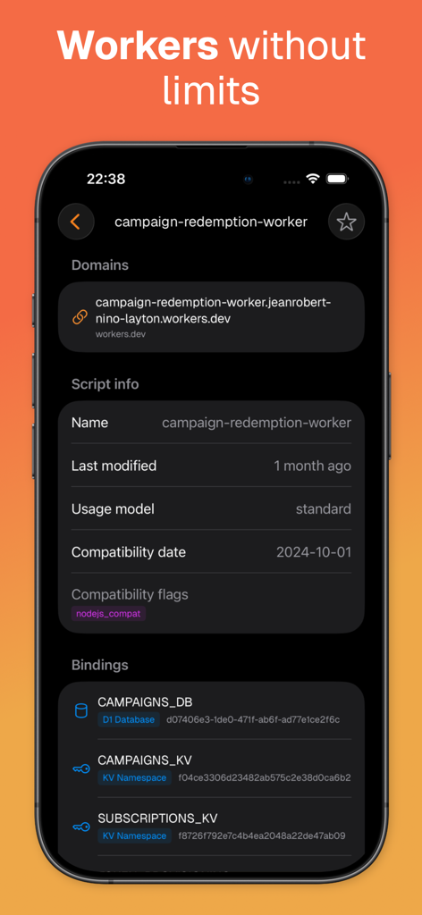 Clouder for Cloudflare - Cloudflare用Clouder iOSアプリで、Cloudflare Workersスクリプト情報とデータベースバインディングを表示するモバイルインターフェース。