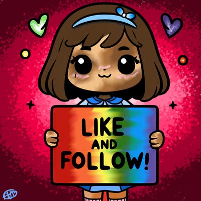 a girl holding a sign that says like and follow!