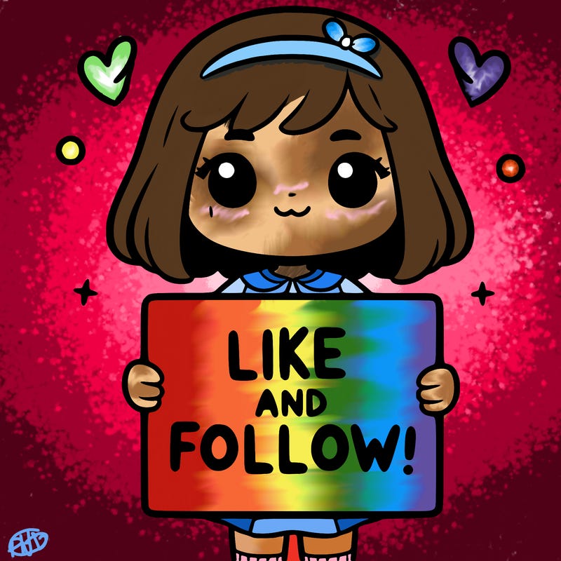 a girl holding a sign that says like and follow!