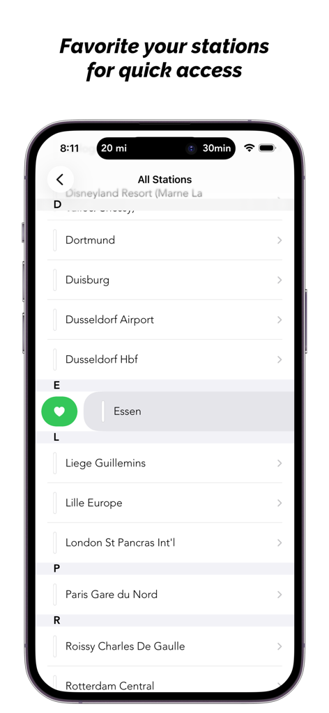 Eurostar Destinations - L'interface de l'application Eurostar Destinations montre une liste de gares avec un bouton favori