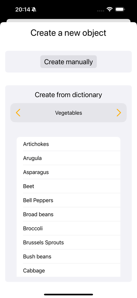 My garden journal - Interface of the My garden journal app showing a list of vegetables like artichokes and arugula to add from the dictionary