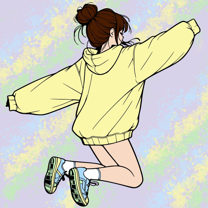 realistic girl jumping with a bun and oversized sweatshirt