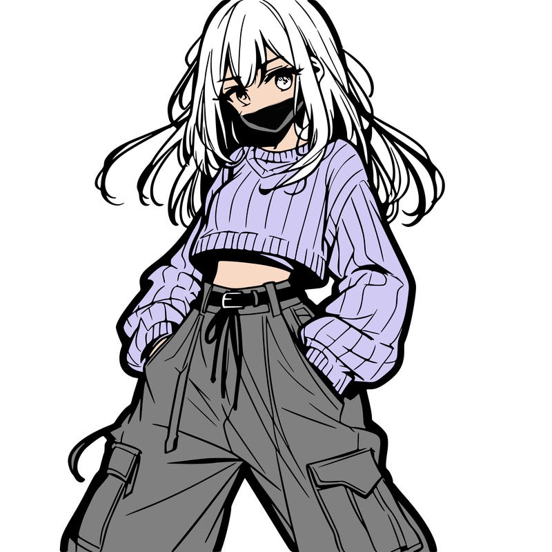 anime teen girl with baggy pants and crop top with sweater