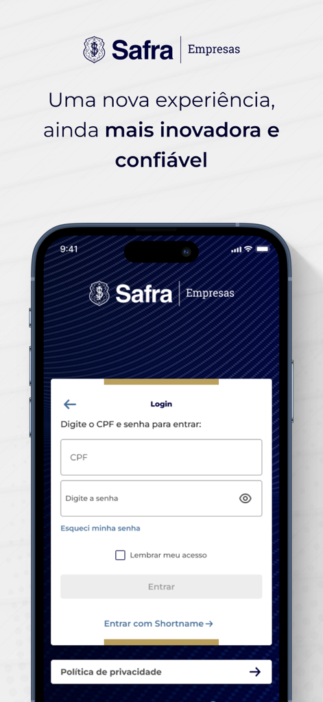 Safra Empresas: A sua conta PJ - Tela de login do aplicativo de conta PJ Safra Empresas com campos para CPF e senha