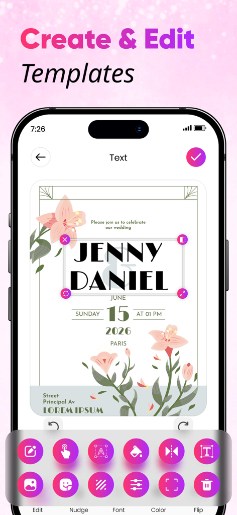 Birthday Greeting Card Creator - Mobile app interface for editing greeting card templates with text and font tools