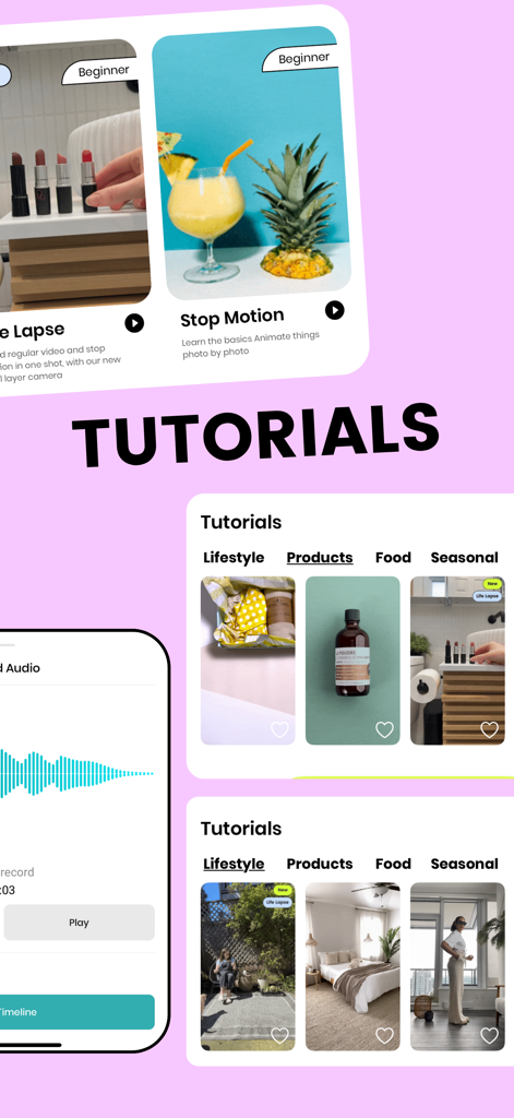 Life Lapse app user interface showcasing stop motion video tutorials.