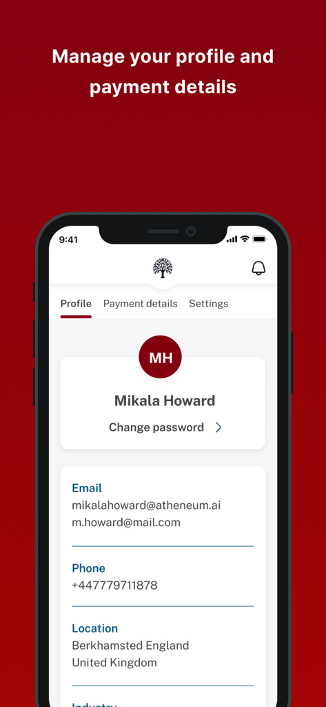 Tela de perfil do aplicativo Atheneum Hub mostrando informações de contato do usuário e configurações