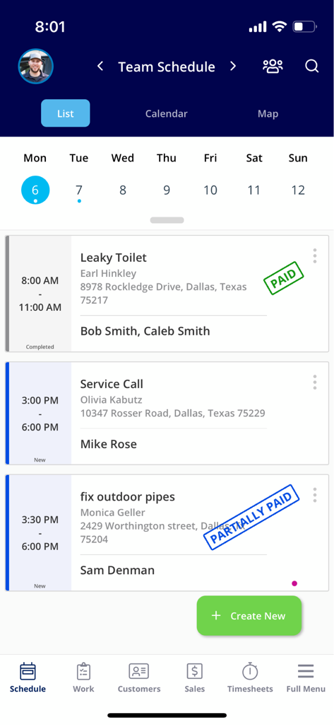 FieldPulse mobile app interface showing a list of scheduled service jobs with technician assignments and payment status.