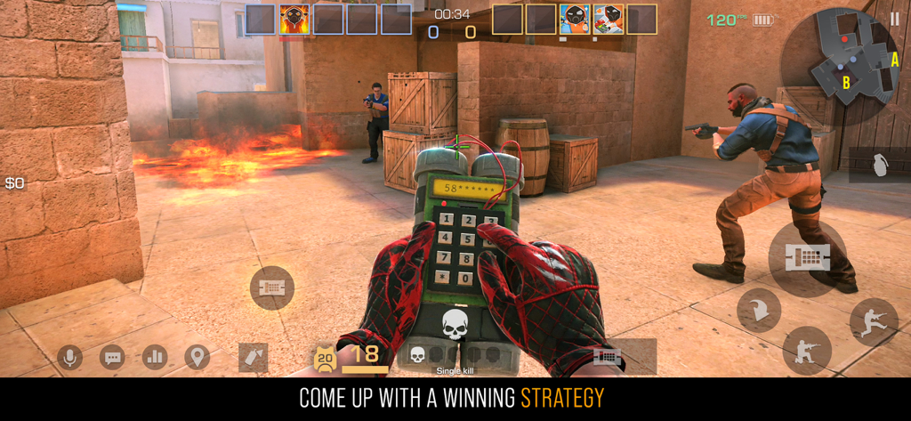 First person view of a player interacting with a bomb keypad in the tactical mobile shooter Standoff 2