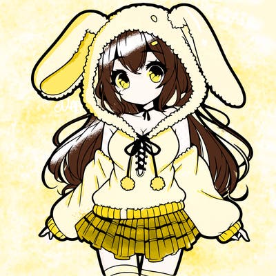 pretty anime girl wearing a fluffy hoodie with bunny ears on the hood and a skirt