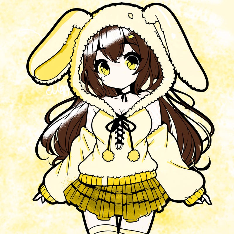 pretty anime girl wearing a fluffy hoodie with bunny ears on the hood and a skirt