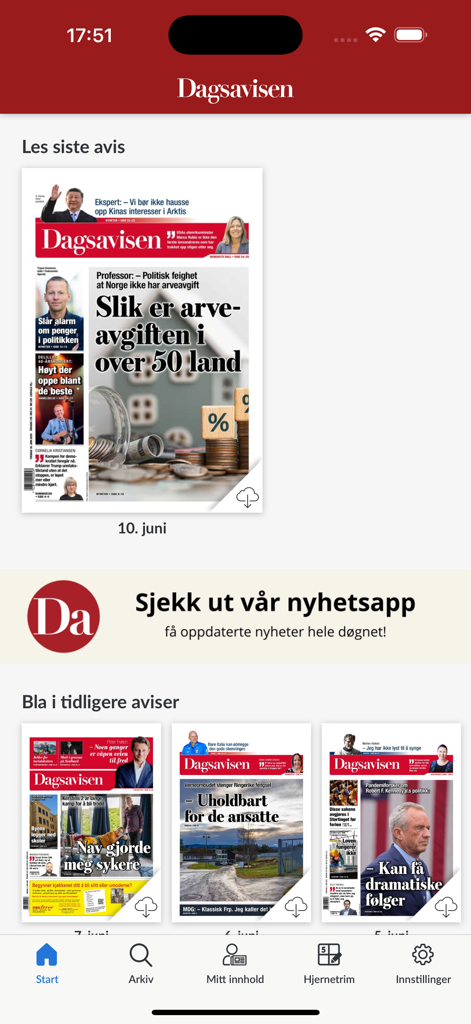 Dagsavisen e-avis - Home screen of the Dagsavisen e-avis app displaying recent and past newspaper editions