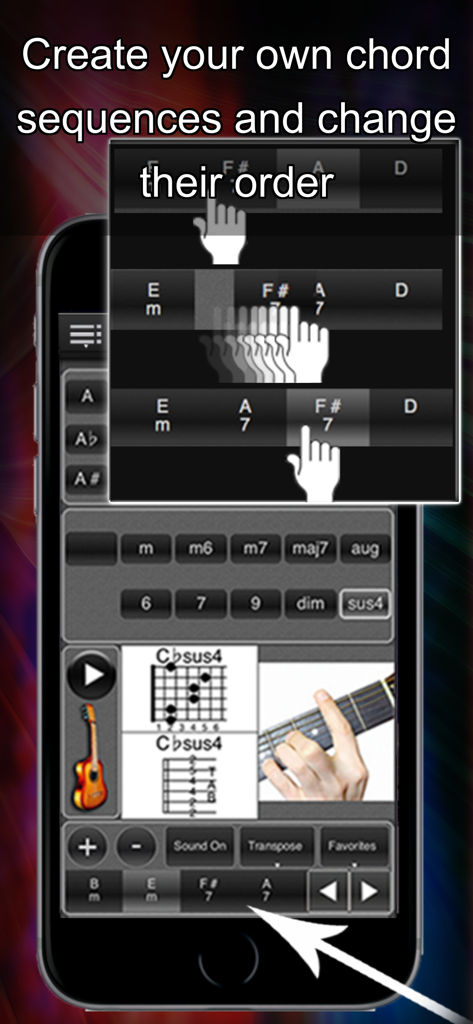 120 Guitar Chords - Interfaz de aplicación de acordes de guitarra que muestra cómo crear y reordenar secuencias de acordes mediante arrastrar y soltar.