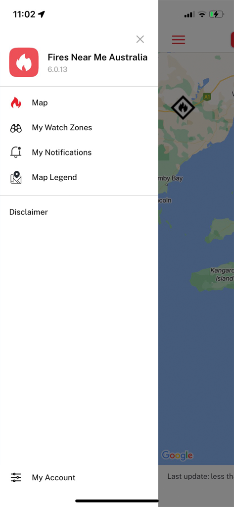 Fires Near Me Australia - Navigation menu of the Fires Near Me Australia app displaying options for map, watch zones, notifications, and account settings.