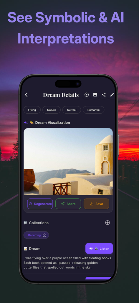 The Dreamsplain app interface displaying a Dream Details screen with an AI-generated visualization and symbolic interpretation tags.