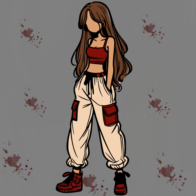 girl in baggy pants crop top and long hair
