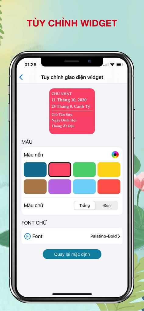A mobile interface showing customization options for a Vietnamese lunar calendar widget including background color and font selection.