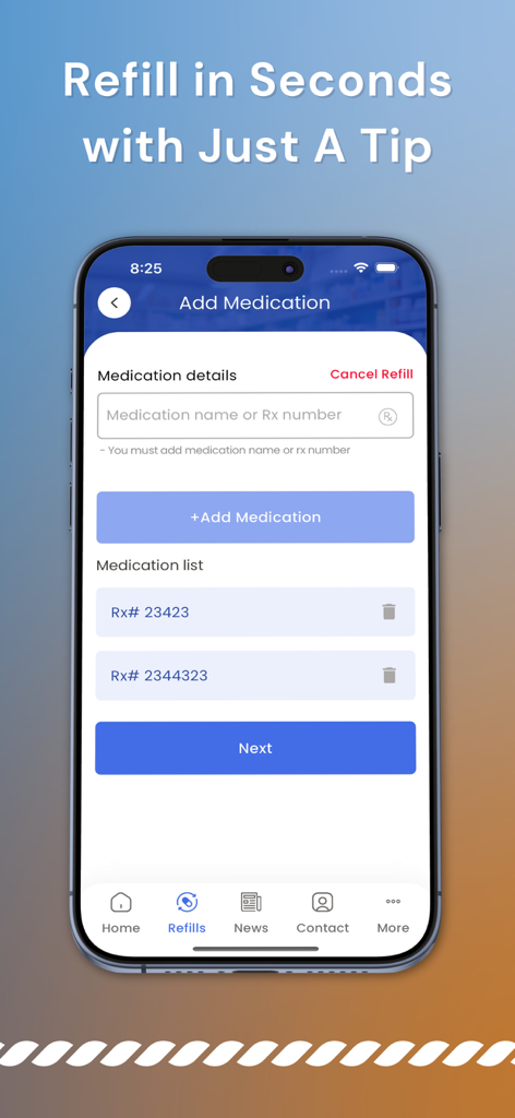 Quick Rx - Quick Rx app interface for adding medications and Rx numbers for a fast prescription refill