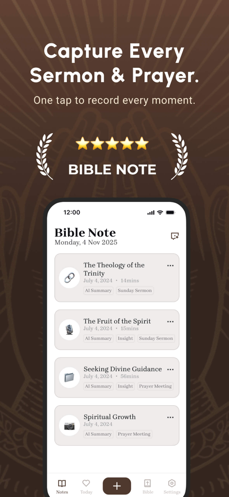 Bible Note Taker & Recorder - 聖書ノートアプリのインターフェース。AI要約付きの録音された説教と祈りのノートのリストを表示しています