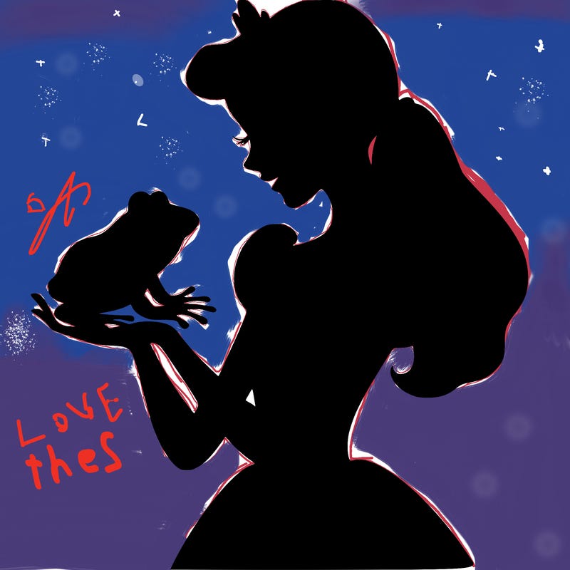 a shadow of a princess holding a frog realistic