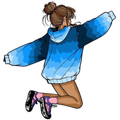 realistic girl jumping with a bun and oversized sweatshirt
