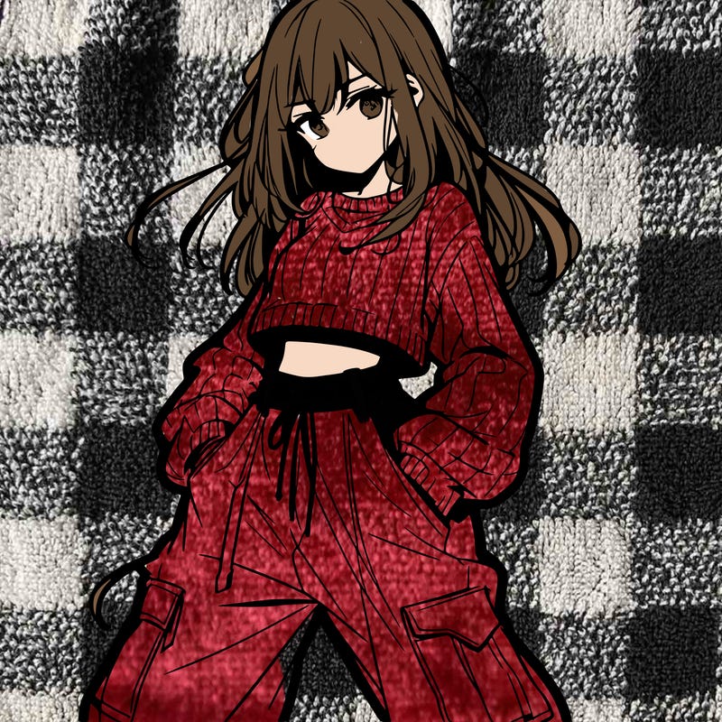 anime teen girl with baggy pants and crop top with sweater