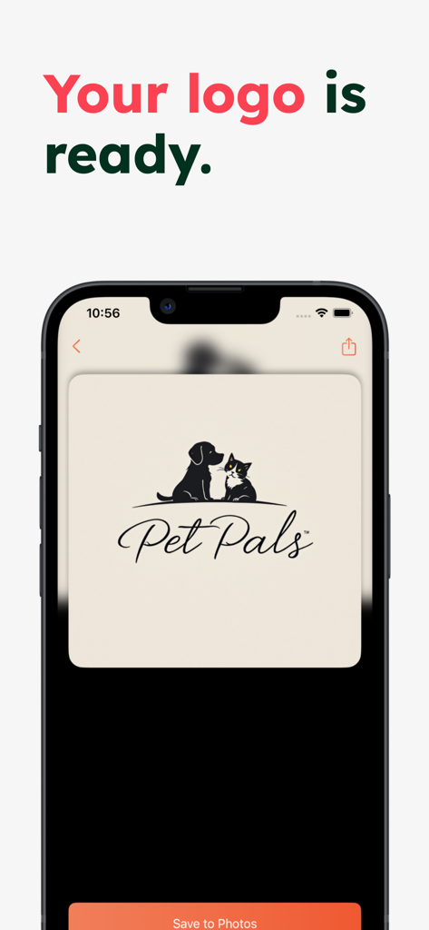 Leo: AI Logo & Signature Maker - Leo AI Logo Makerアプリのインターフェース。Pet Palsという名前のペットビジネスの完成したロゴが表示されています