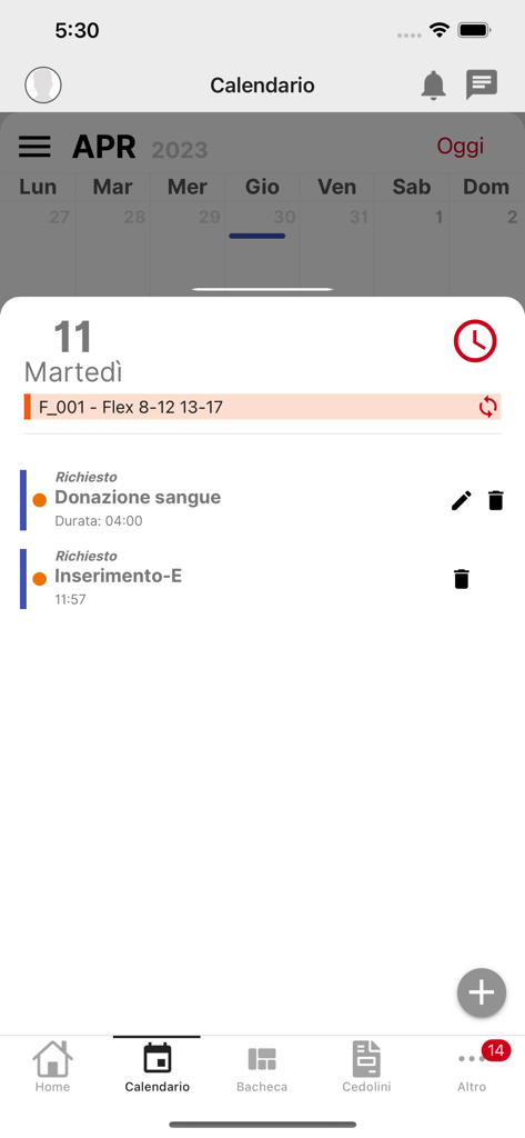 HR INAZ - A mobile screen showing the HR INAZ app calendar view with daily work schedules and blood donation leave requests.