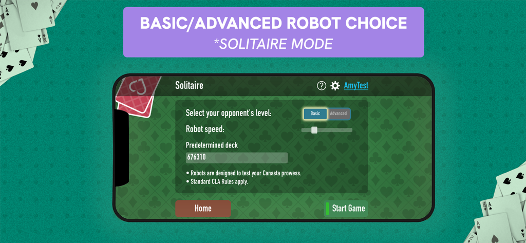 Setup screen for Canasta Junction Solitaire mode showing robot opponent level and speed settings.