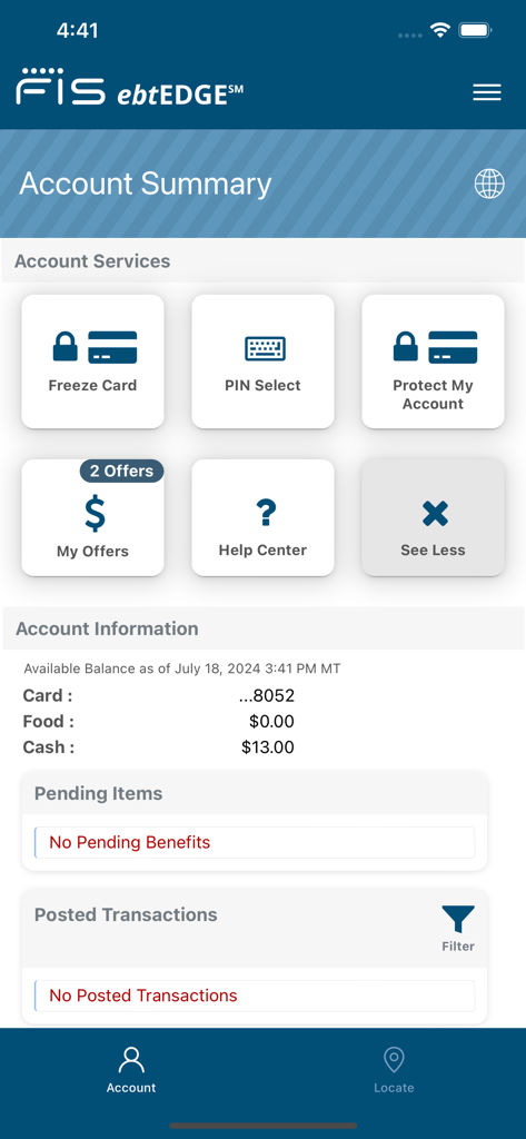 ebtEDGE mobile app Kontozusammenfassungsbildschirm, der Guthaben und Kontodienste anzeigt