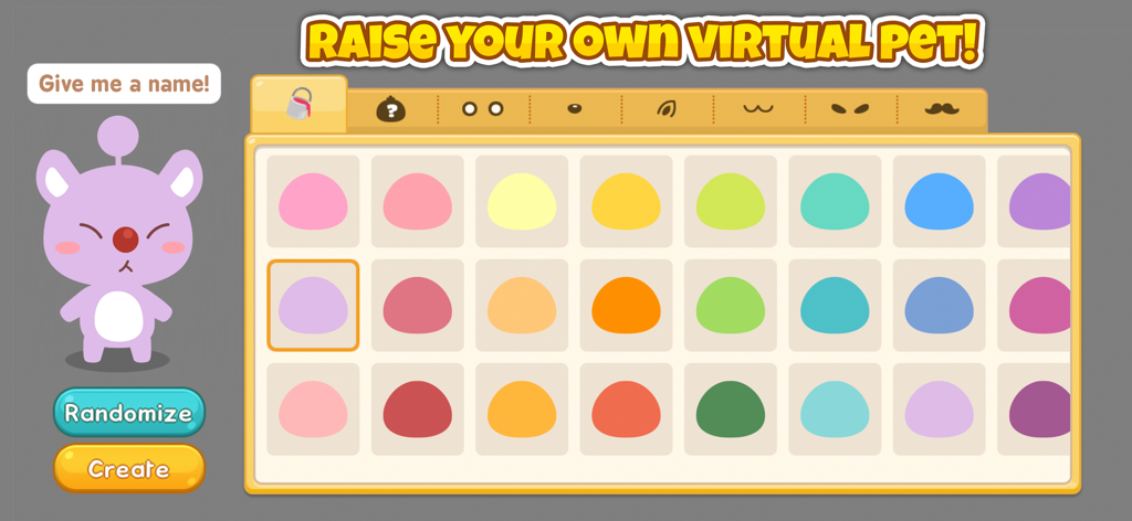 Character customization screen in Happy Pet Story where players can choose colors and features for their virtual pet