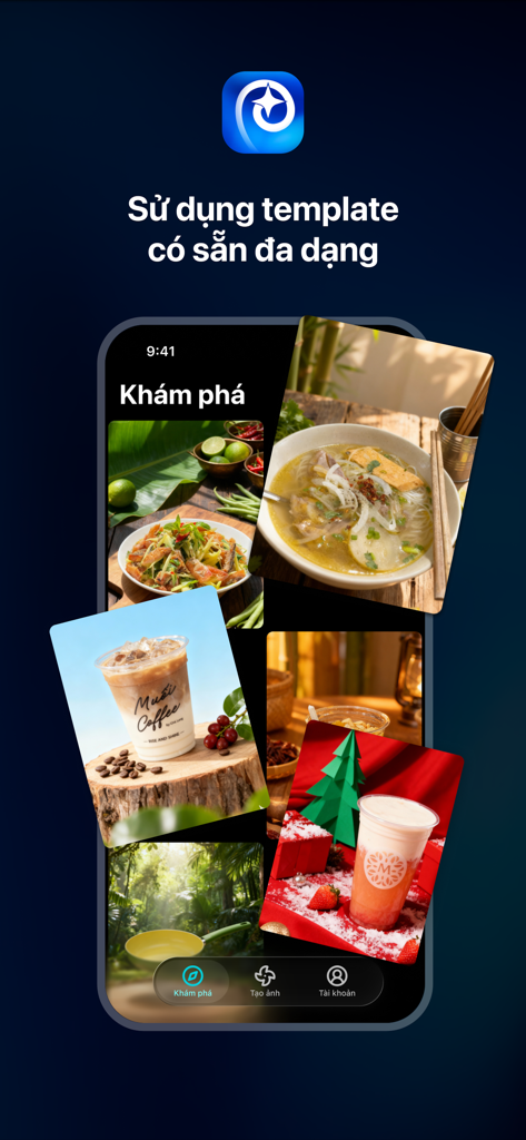 Pimi – AI Ads Maker - Mobile app interface displaying a diverse gallery of AI-generated professional food and beverage advertisement templates