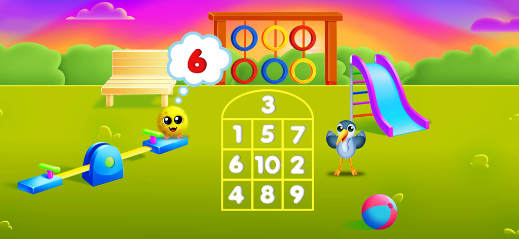 Kidduca: Kids Learning Games - Juego interactivo de aprendizaje de números para niños con un patio de recreo con personajes y una rayuela