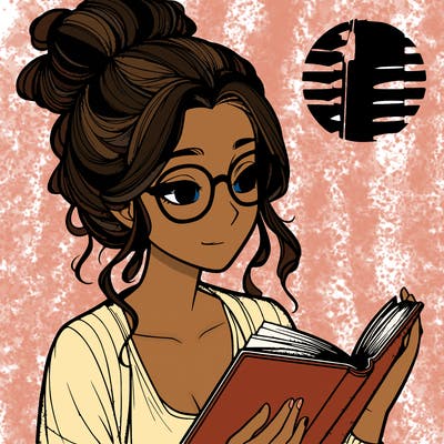 realistic girl wearing a bun with glasses and reading a book
