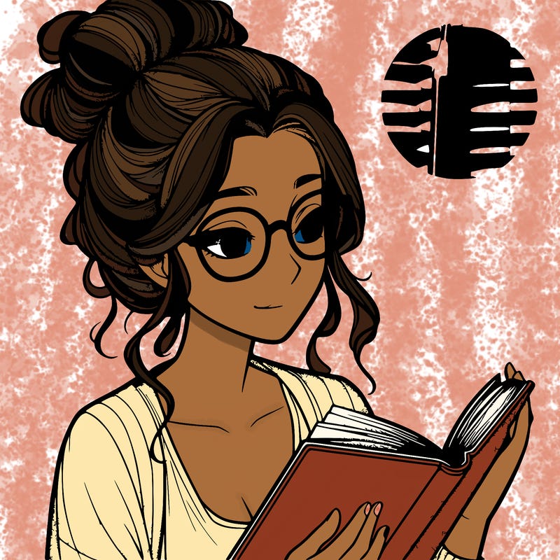 realistic girl wearing a bun with glasses and reading a book