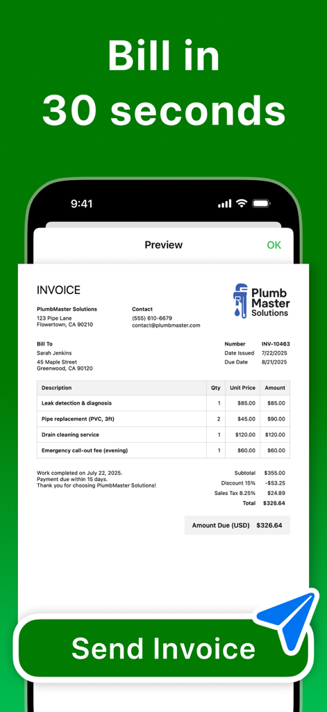 송장 발송 버튼과 함께 모바일 화면에 표시되는 전문 배관 송장 미리보기.