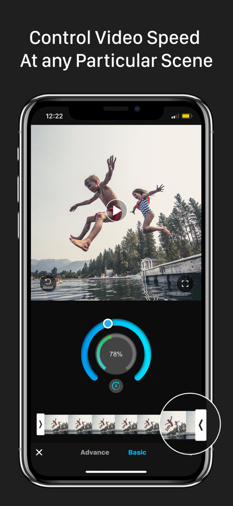 Slow Motion Video Fx Editor - Interface of a slow motion video editor app showing speed adjustment dial and video timeline