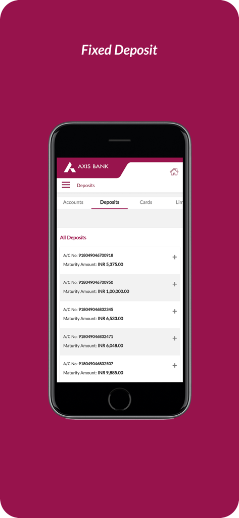 Axis Mobile - Corporate - A list of fixed deposit accounts with maturity amounts shown on the Axis Mobile Corporate app.