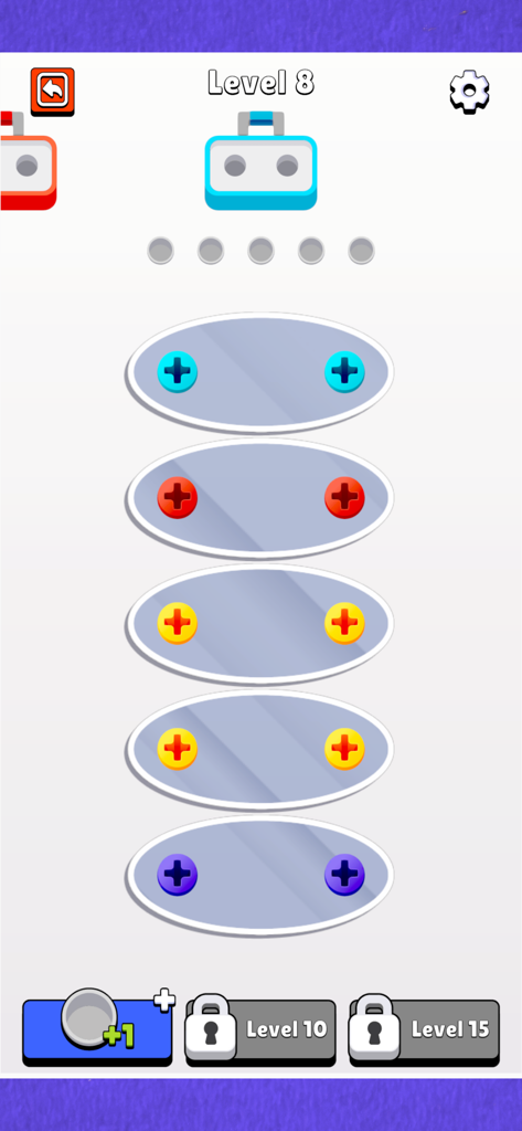 Screw Jam - A mobile game screenshot of Screw Jam showing colorful screws on plates and a blue sorting box