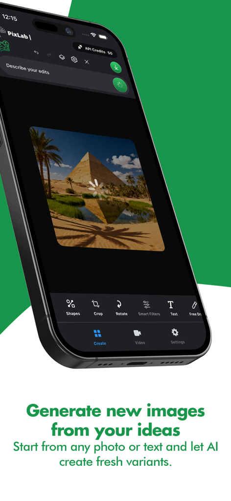 PixLab: AI Prompt Photo Editor - Interface do aplicativo móvel PixLab mostrando geração de imagem por IA de uma pirâmide a partir de um prompt de texto.