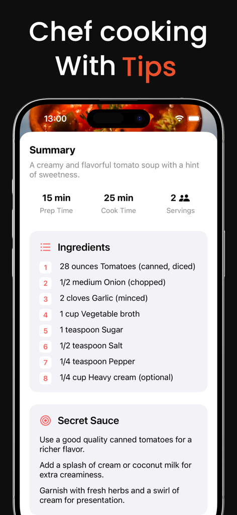 AI Recipe - Cooking Ideas - 専門的な料理のヒントが付いたレシピの概要と材料リスト。