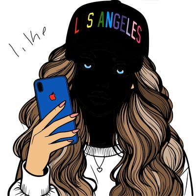 realistic beautiful girl wearing los ángeles cap holding an iphone