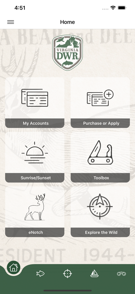 Go Outdoors VA - Go Outdoors VA app home screen showing Virginia DWR logo and menu options for hunting and fishing