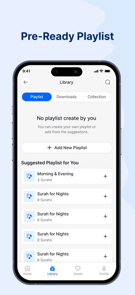 The Clear Quran Audiobook app interface showing the library and suggested surah playlists