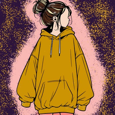realistic girl with a oversized sweatshirt on and a bun