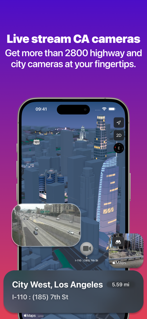 California Road Cameras - California Road Cameras app interface showing a live highway camera feed on the I-110 in Los Angeles with a 3D city map