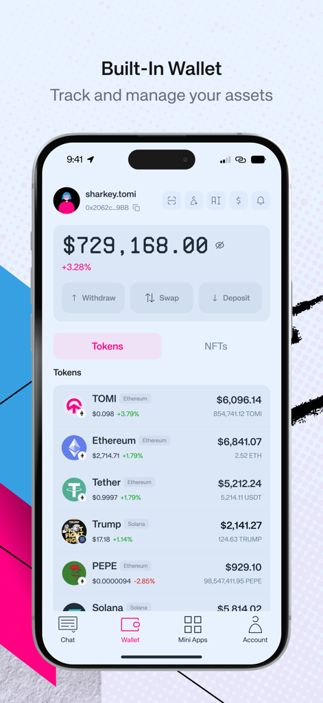 The built-in crypto wallet interface of the TOMI app showing asset management and token balances.
