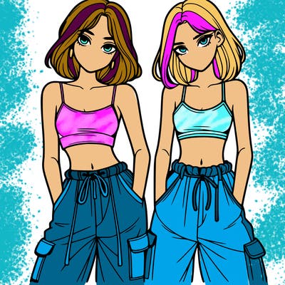 two girls with crop top with baggy pants